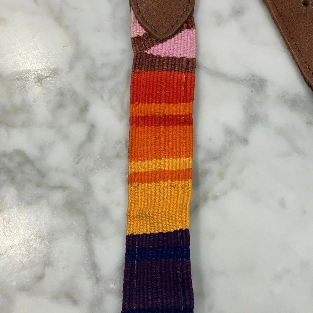 Vintage Colorful Striped Belt with Brown leather Buckle adjustable Guatemala OS